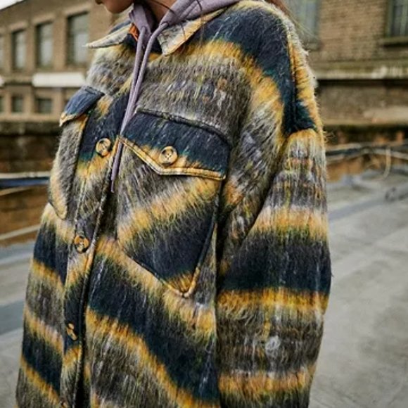URBAN OUTFITTERS UO Emelie Plaid Longline Shirt Jacket Yellow Blue Gray XS - Picture 6 of 16